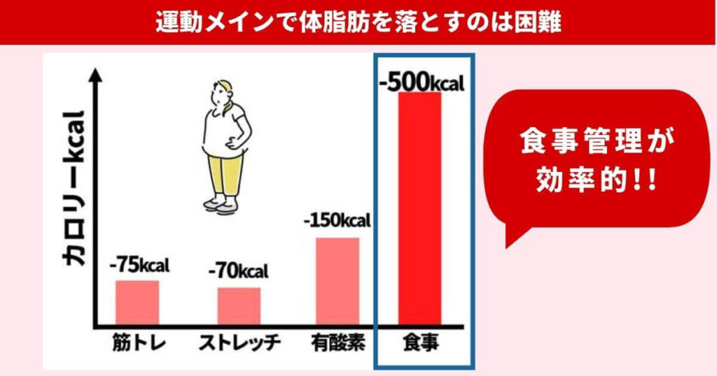 運動メインで体脂肪を落とすことはできますが、食事の管理と比較すると茨の道です。