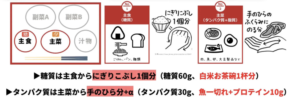 糖質は主食を握りこぶし1個分、タンパク質は主菜を手のひら分+αを摂取するようにすると必要分を確保できます。