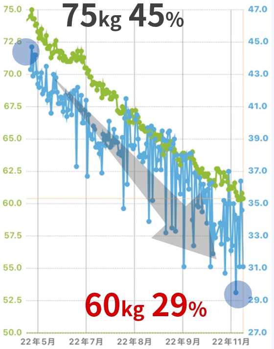 64歳女性Nさんは体脂肪専門家くどうの指導を受けて半年で、体重マイナス15kg、体脂肪率マイナス16%を達成しました。