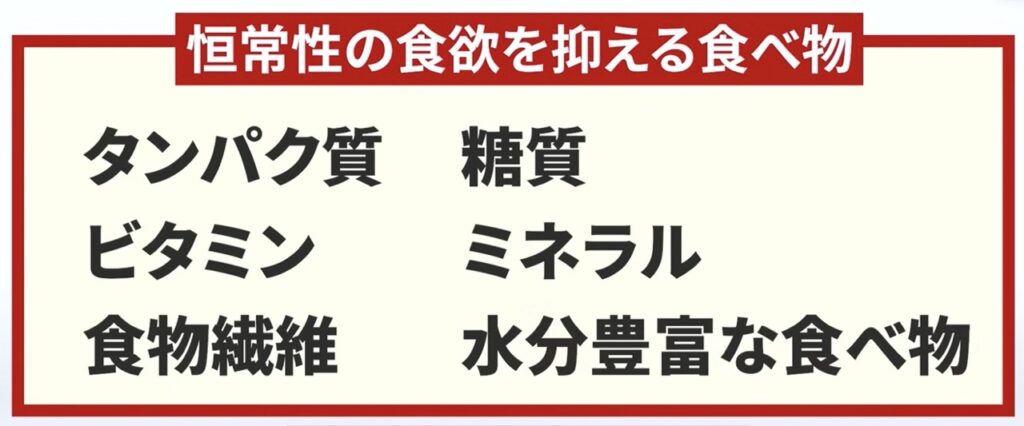 恒常性の食欲を抑える食べ物の特徴をまとめています。