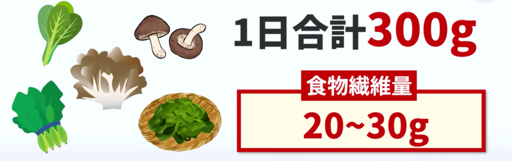 副菜を1日合計300g摂取すれば、食物繊維が20〜30gとれます。