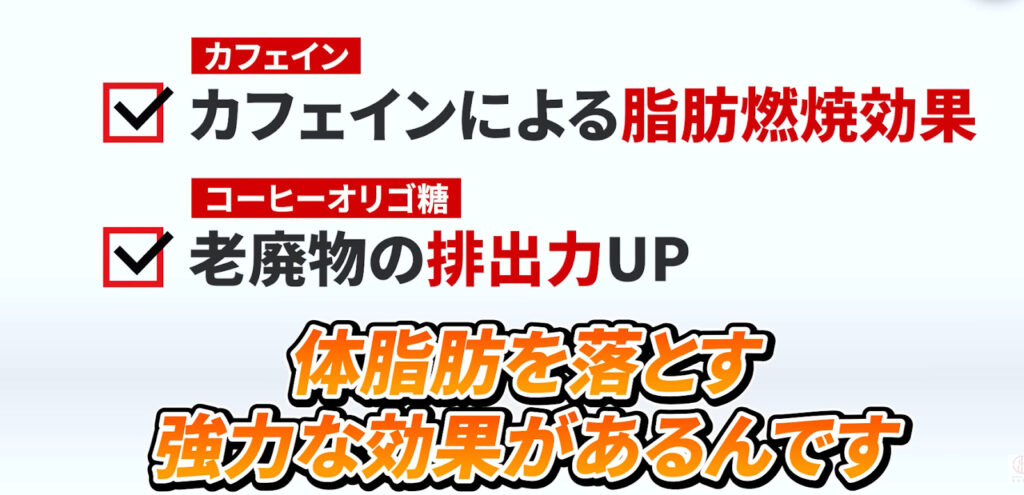 コーヒーに含まれるカフェインには脂肪燃焼効果があります。また、コーヒーオリゴ糖は老廃物の排出を促進する効果が期待できます。