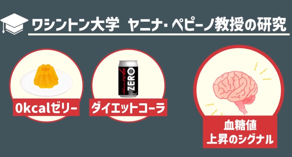 ゼロカロリー食品を食べると脳に血糖値上昇のシグナルが伝達されてしまいます。実際には上昇しないため混乱してしまいます。