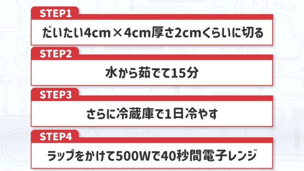 さつまいもの調理方法は以下の4ステップ。 その1.4×4cm、厚さ2cmくらいに切る。その2.水から15分間茹でる。その3.さらに冷蔵庫で1日冷やす。その4.ラップをして500Wで40秒間電子レンジにかける。